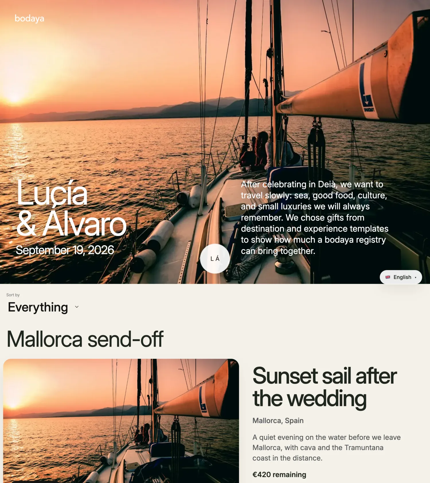 Bodaya generated public wedding website.