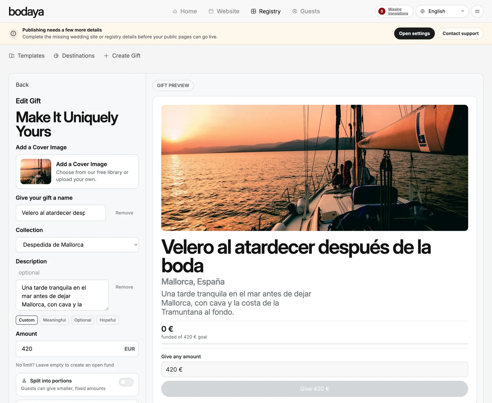 Bodaya registry gift editor with preview.