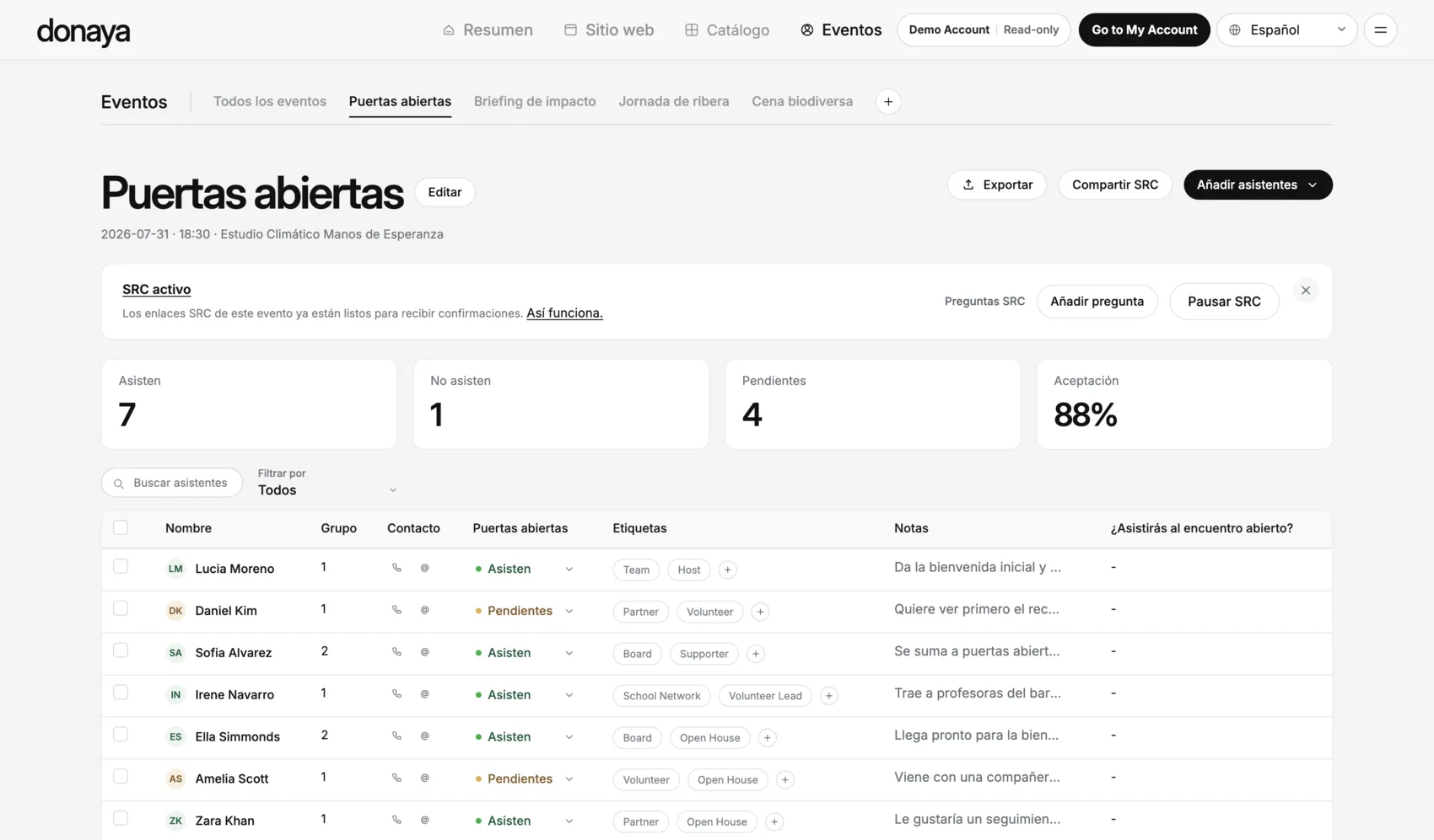 Donaya events dashboard with fundraising metrics and an event management table.