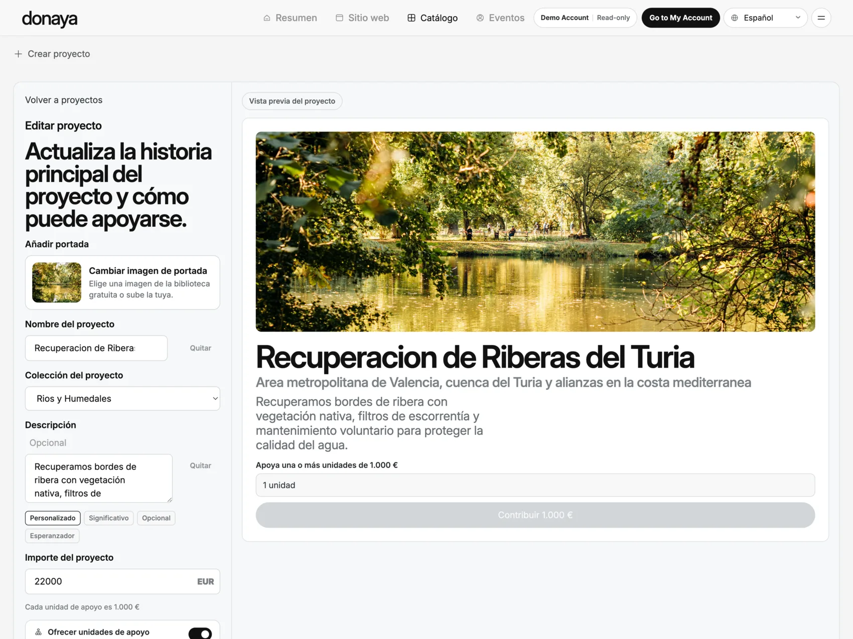 Donaya fundraising project editor with campaign content and donation page preview.