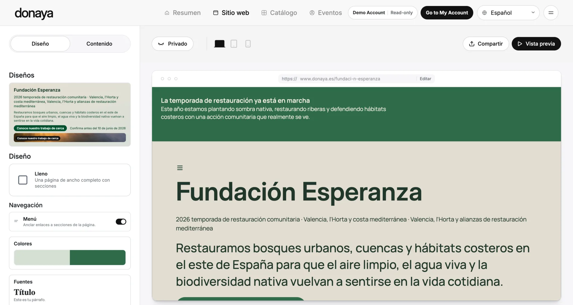 Donaya website builder showing a nonprofit campaign page preview and editing controls.