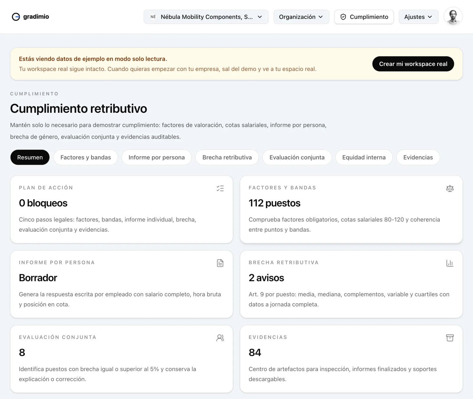 Gradimio compliance summary dashboard with obligations, factors, blockers, and review status.