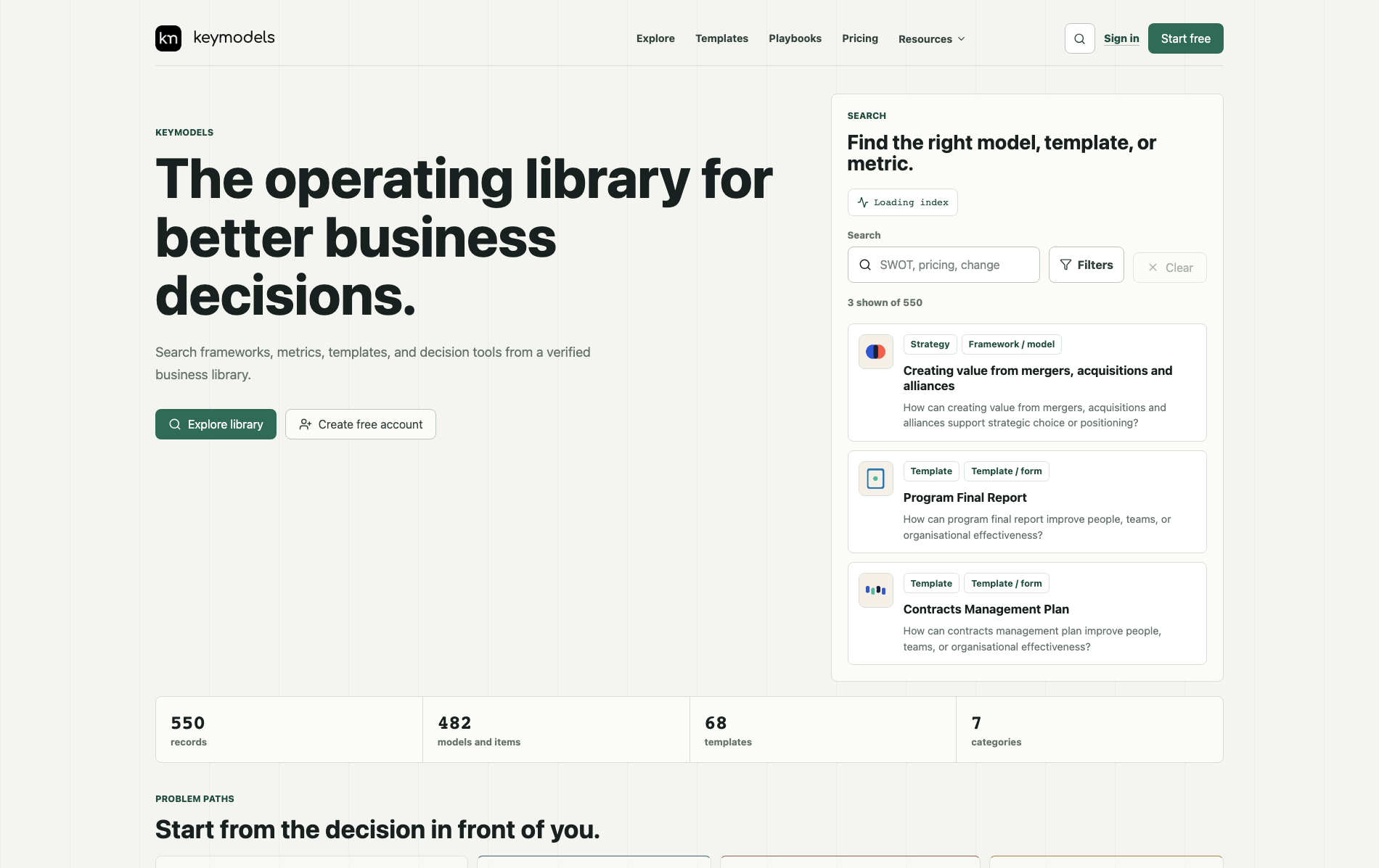 Key Models homepage with search, model results, and library counts.