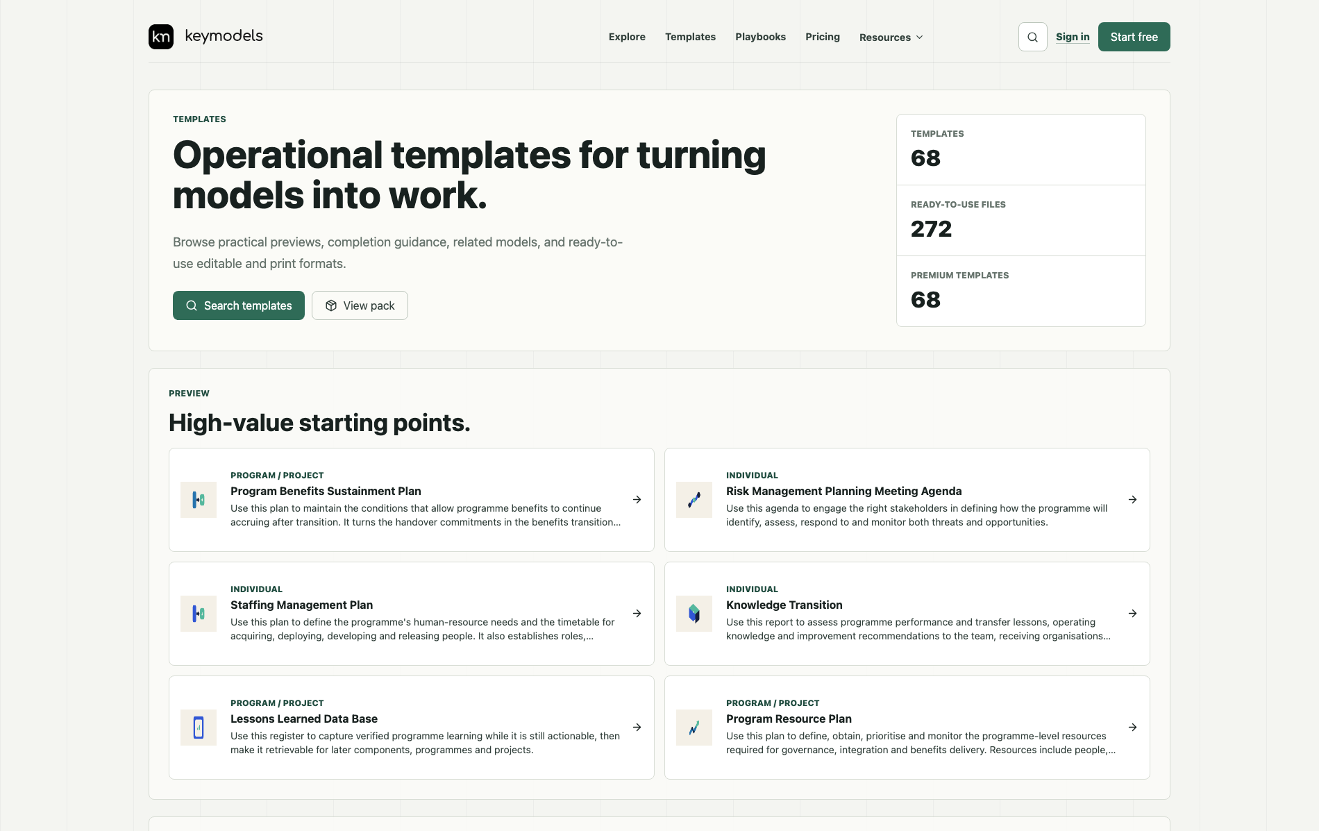 Key Models templates page showing template counts and high-value starting points.