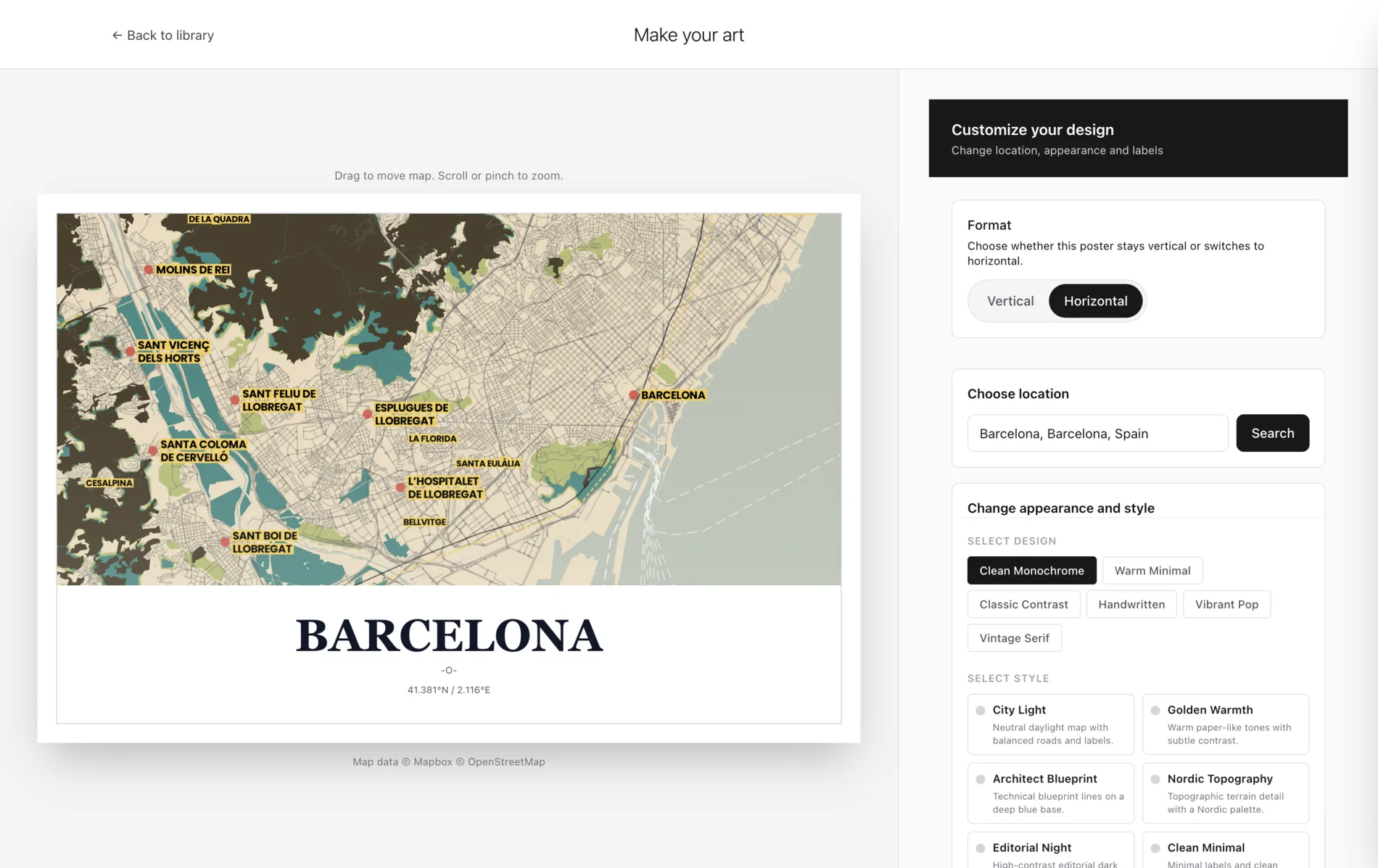 Paliet city map poster editor showing a Barcelona poster and customization controls.