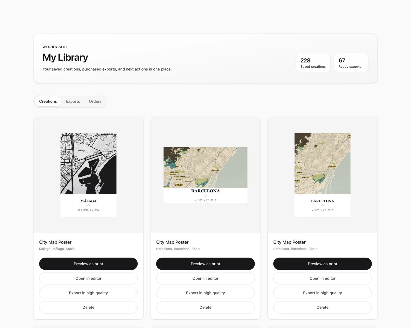 Paliet library page showing saved poster creations in a grid.