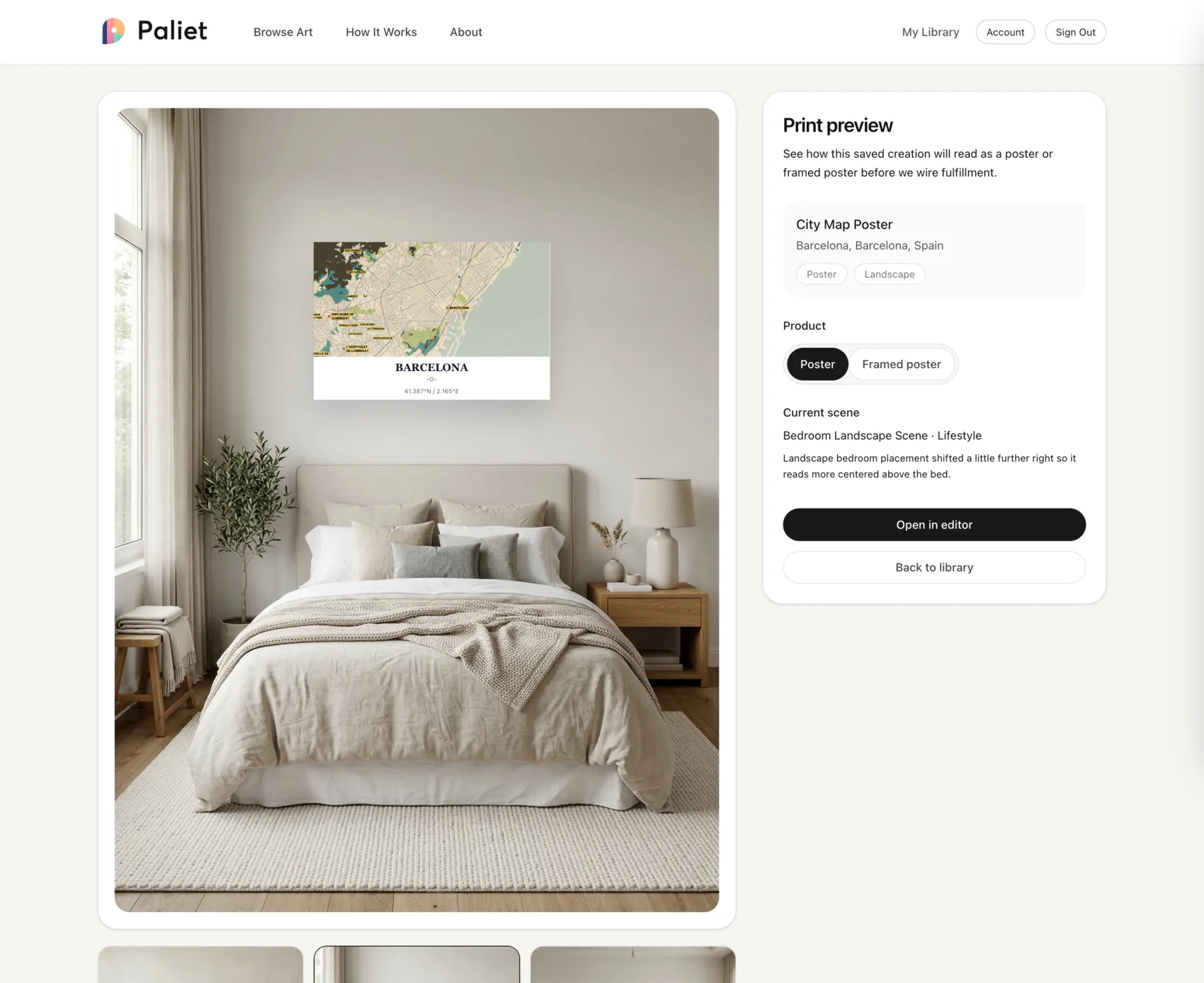 Paliet print preview showing a generated map poster in a bedroom scene with checkout controls.