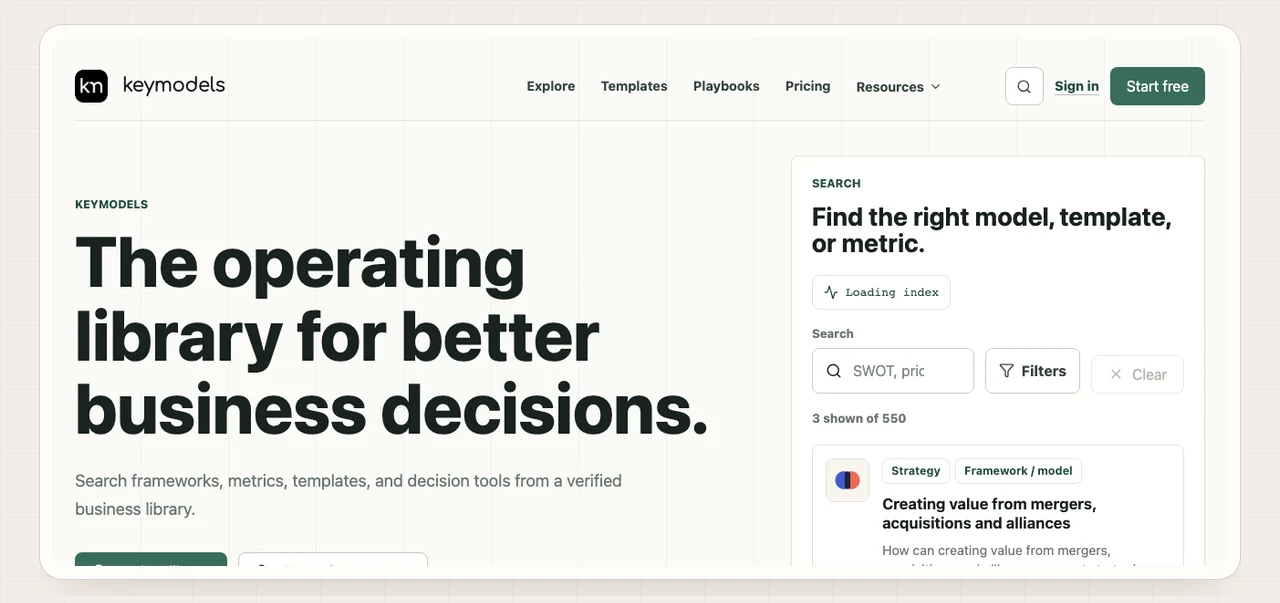 Key Models product homepage with searchable business models, templates, and metrics