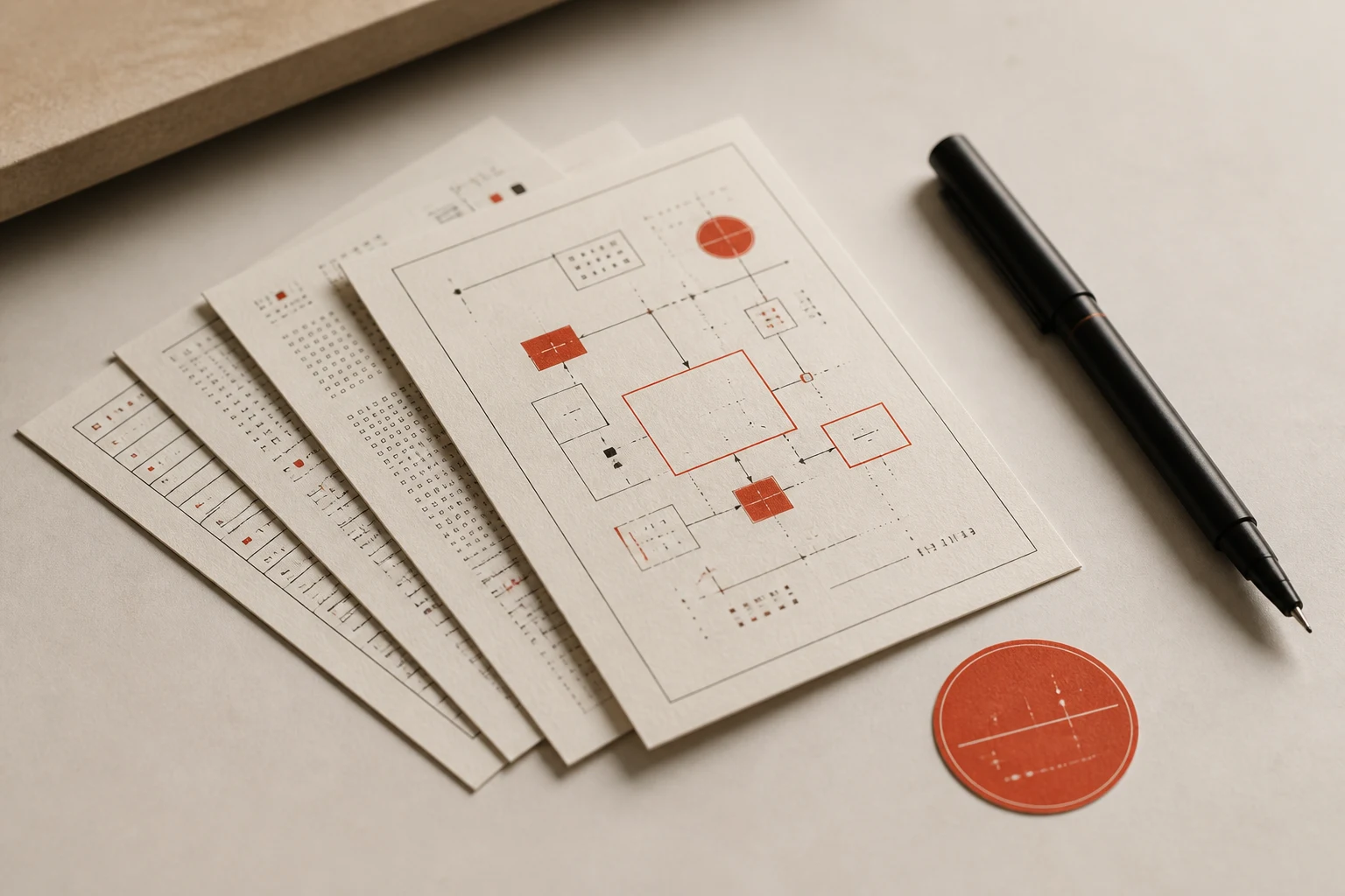 Close view of fanned briefing cards with a printed vermilion process diagram, pen, and round seal sticker.