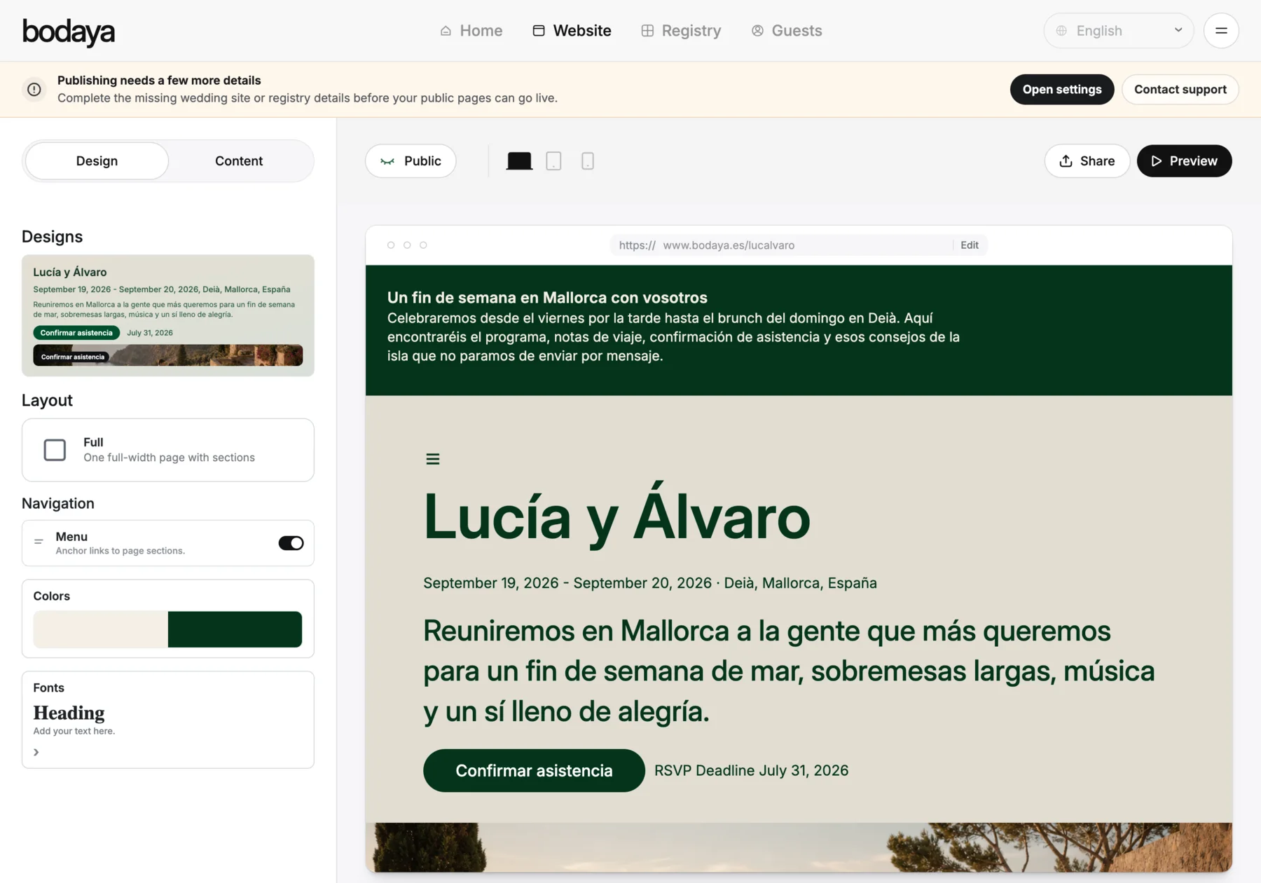 Bodaya wedding website builder with live public page preview.