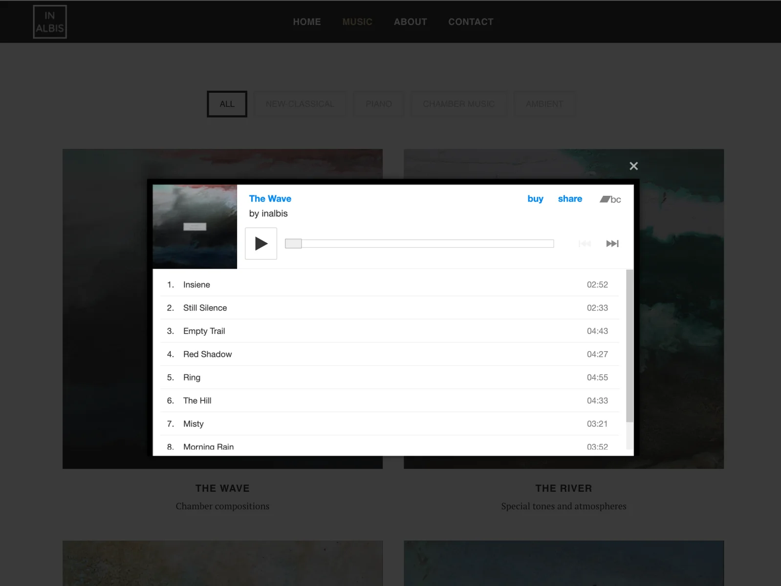 inalbis music player modal over a music catalog.