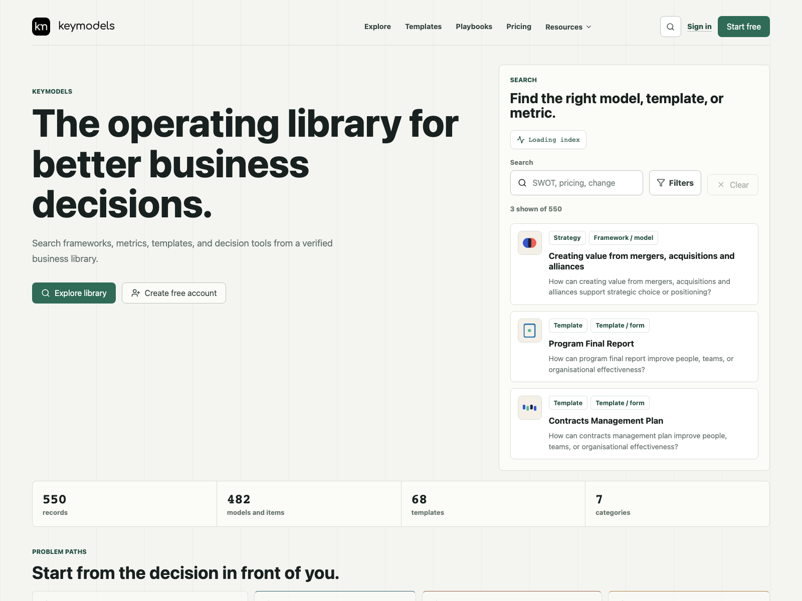 Key Models homepage with search, model results, templates, and category counts.