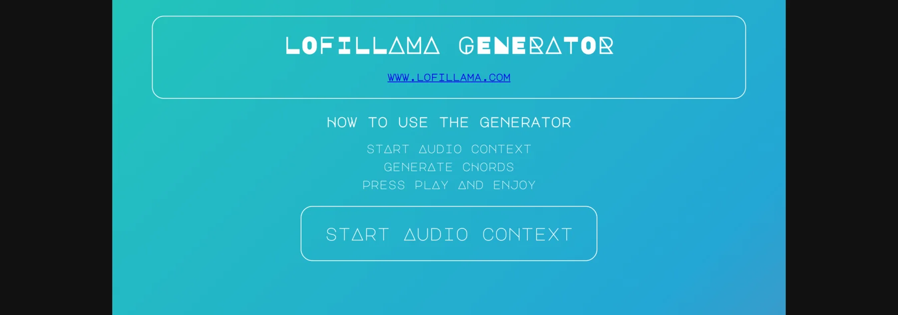 Lofillama Generator start screen.