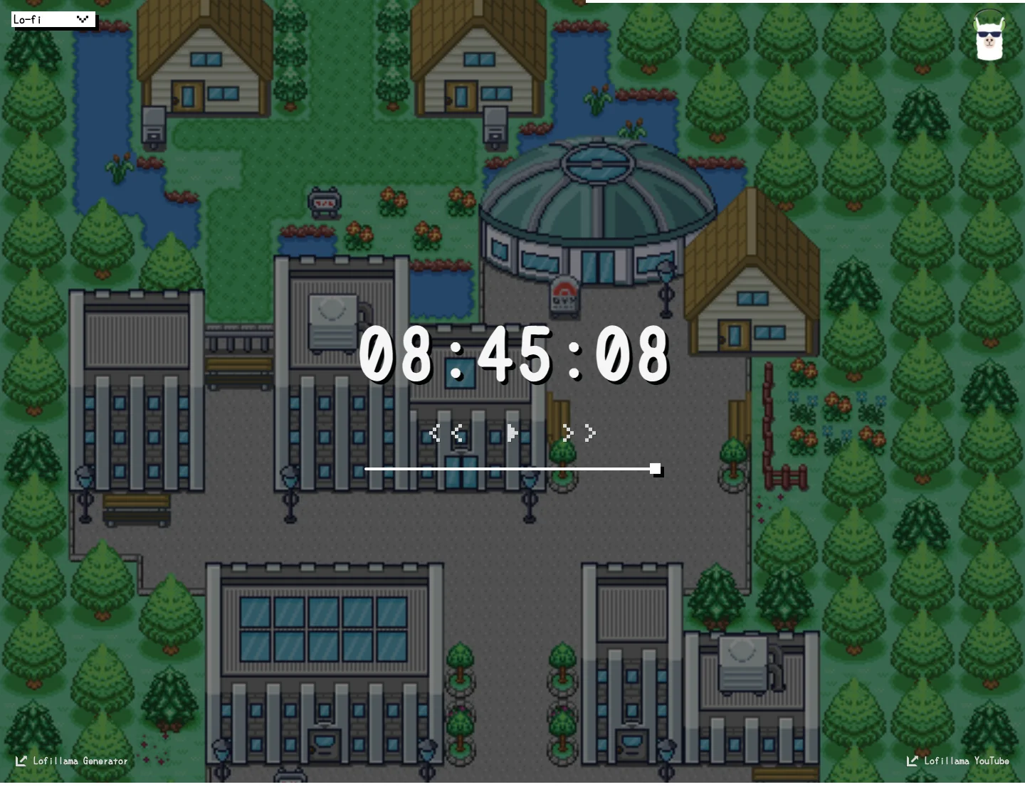 Lofillama pixel town player interface.