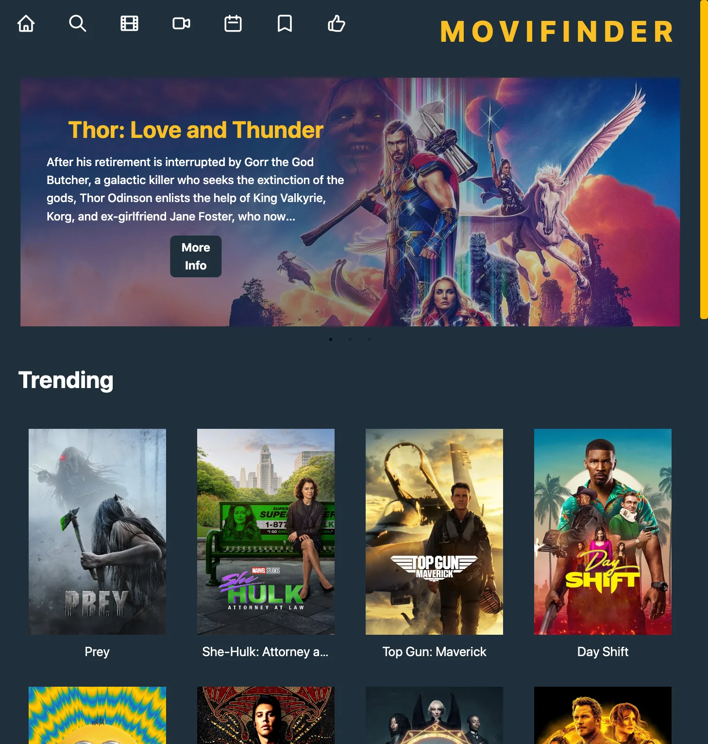 Movifinder homepage with movie hero and trending grid.