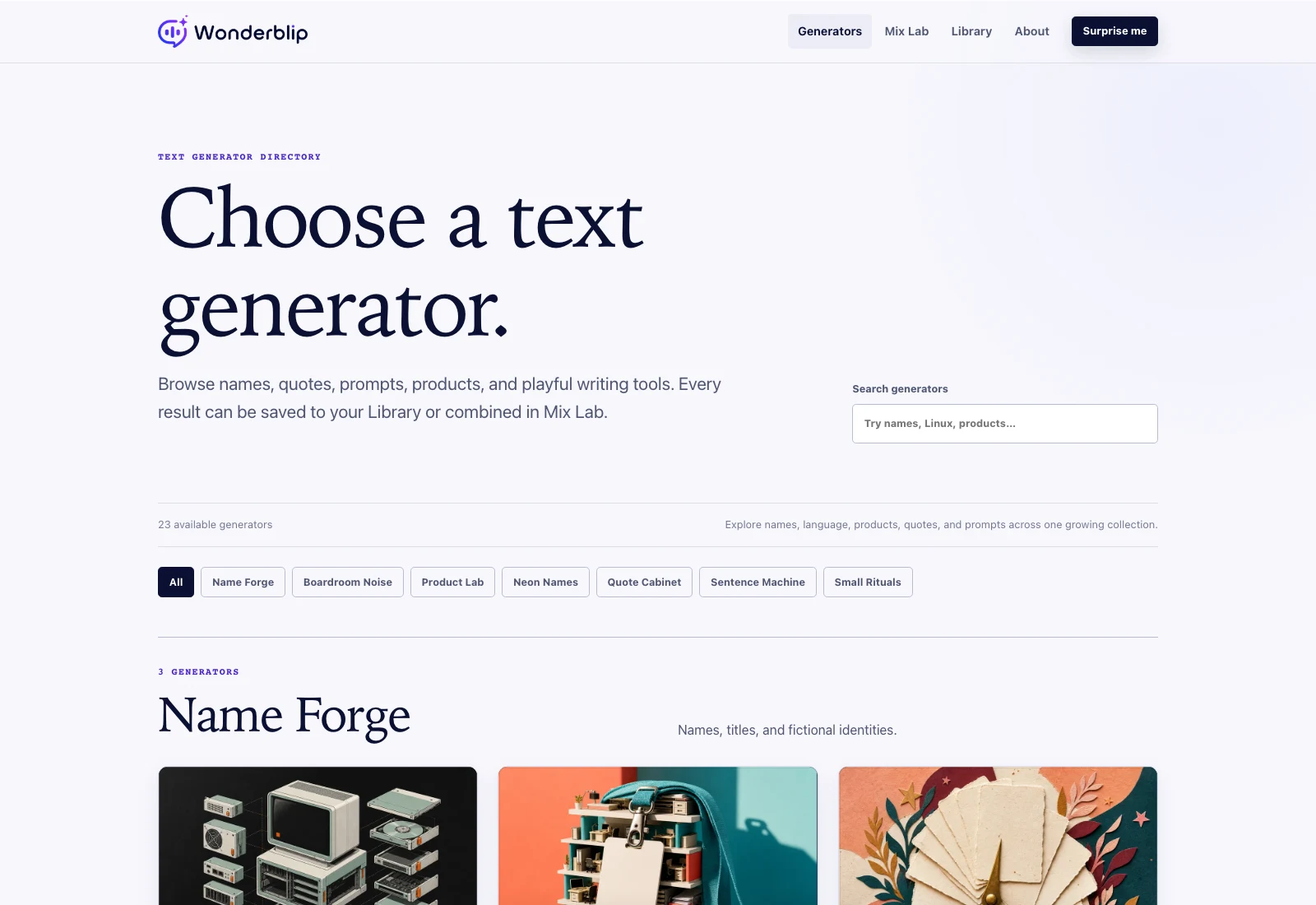 Wonderblip generator directory with category filters and illustrated generator cards.