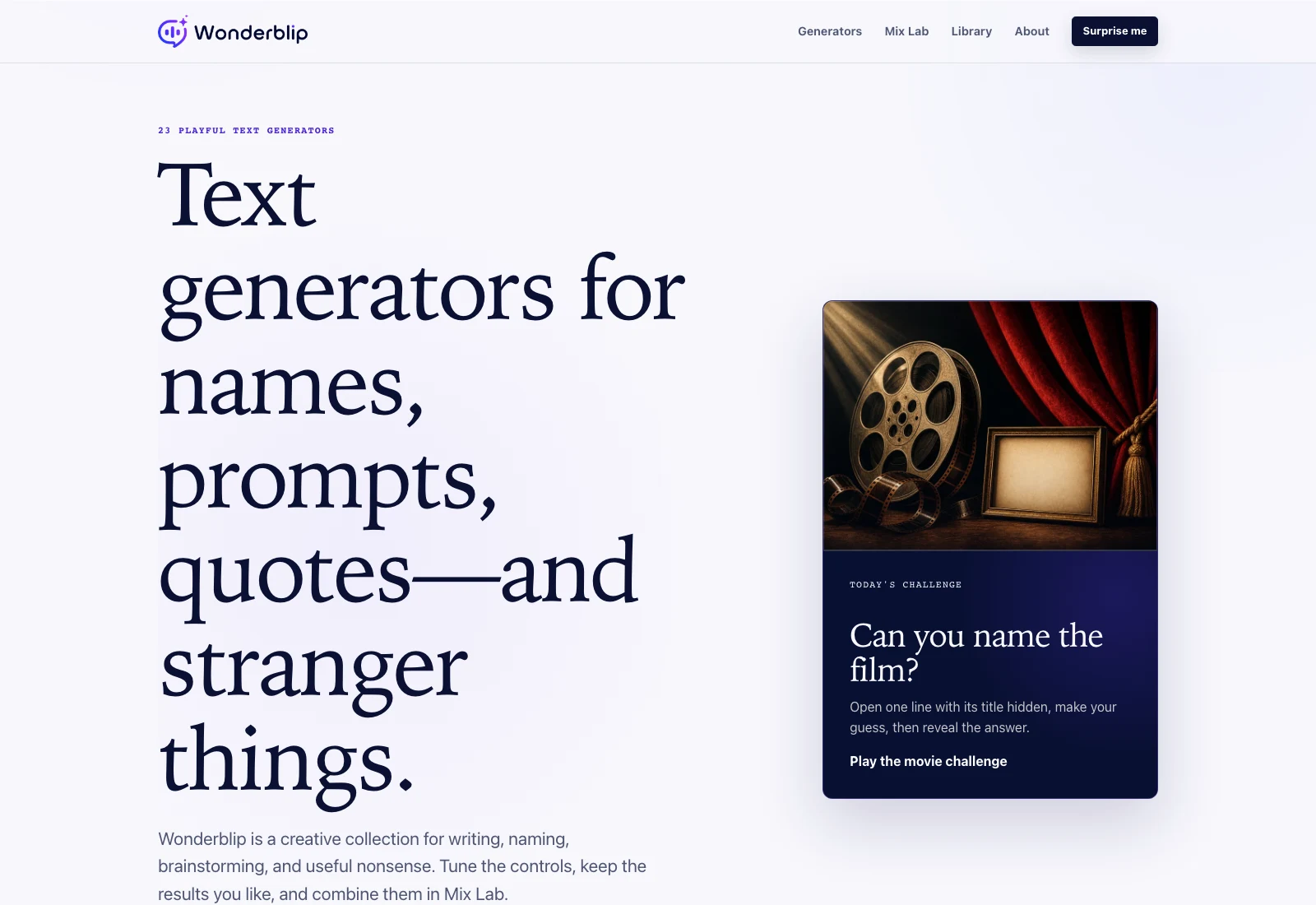 Wonderblip homepage with its text-generator proposition and daily movie challenge.