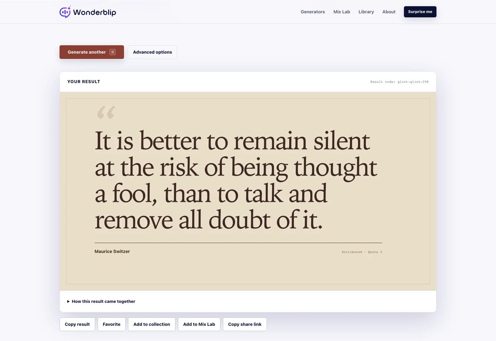 Wonderblip Random Quotes Generator showing an attributed result and save, share, and Mix Lab actions.